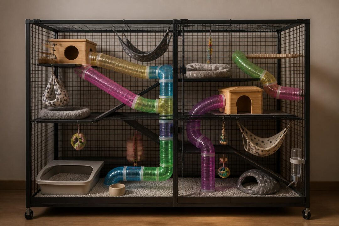 découvrez comment aménager la cage idéale pour votre furet avec des tuyaux adaptés et les dimensions recommandées pour son confort et sa sécurité.